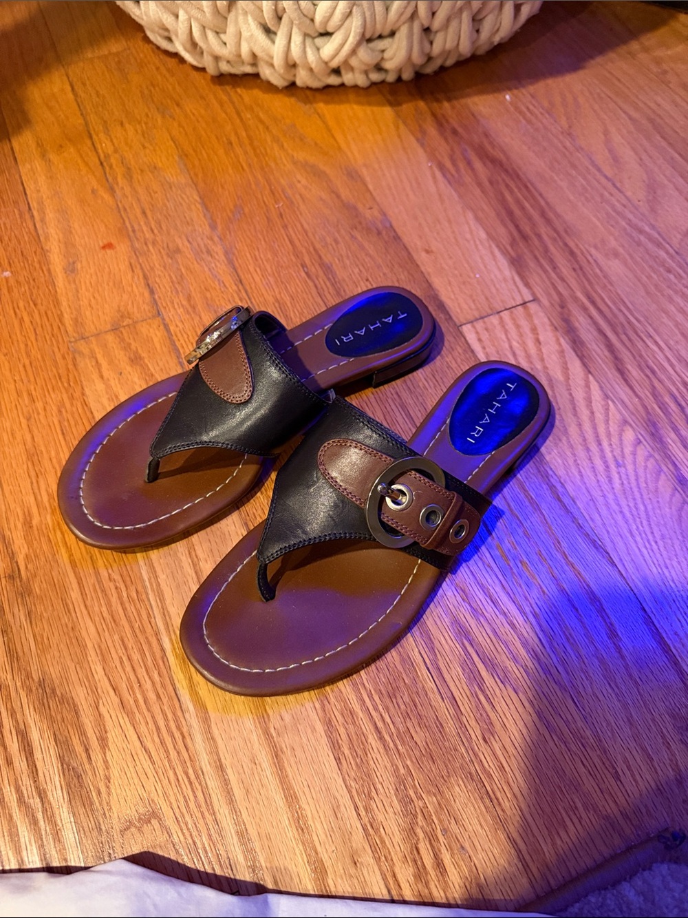 Tahari Black and Brown Leather Buckle Thong Sandals